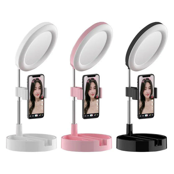 Aro De Luz + Espejo Soporte Celular Selfies con 3 Modos De Luz